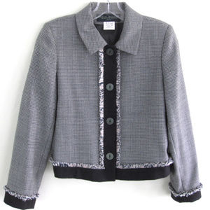 Checked jacket 4P Pure wool Black White Fringe trim Houndstooth Blazer Lined